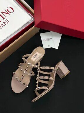 Valentino Nude Rockstud Multi‑Strap Block‑Heel Mule Sandals